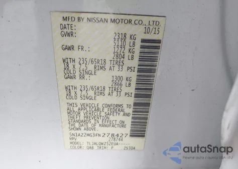 2015 Nissan Murano Sv z USA, uszkodzony, nr VIN 5N1AZ2MG3FN278427